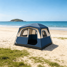 6-Person Family Camping Tent Easy Setup Cabin Style with Top Rainfly And Mesh Windows for Comfortable Outdoor Stay (Color: Blue)
