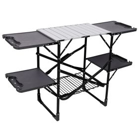Folding Camping Kitchen Table, Portable Outdoor Cooking Station with Heat Resistant Top, 4 Side Tables & Lower Storage Rack for Picnic, Tailgatin (Color: black, size: NoPost)